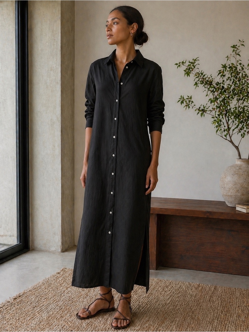 Flats by Niemi Black Cotton Maxi Shirt Dress Small Minimalist Chic Japandi